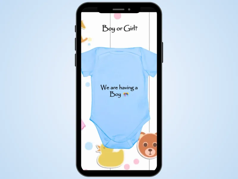 Onesie gender reveal scratch card on a phone over a soft blue background, scratched to show a blue onesie and It's a Boy