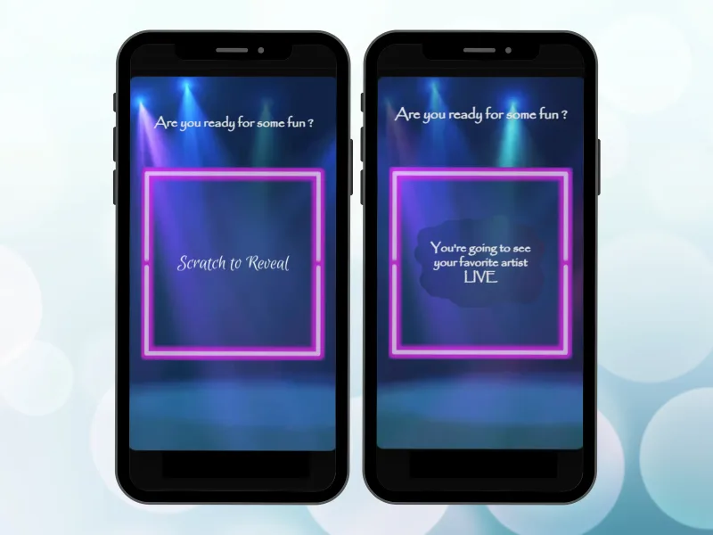 Party spotlight scratch card on two phones, neon pink frame foil before and after scratching to reveal a concert surprise