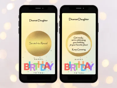 Pastel yellow birthday scratch card on two phones over golden bokeh, gold circle foil before and after scratching to reveal a birthday surprise
