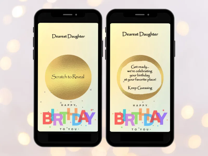 Pastel yellow birthday scratch card on two phones over golden bokeh, gold circle foil before and after scratching to reveal a birthday surprise