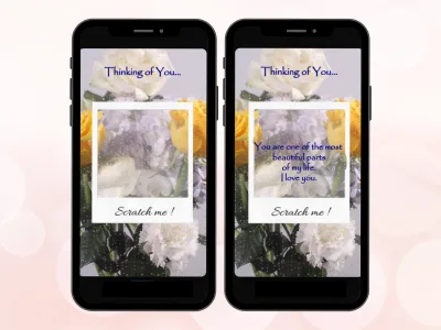 Personalized floral window scratch card on two phones, Thinking of You photo window with white peonies scratched to reveal a heartfelt message