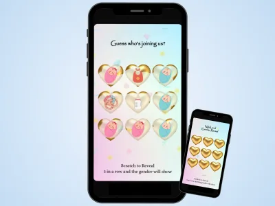Personalized gender reveal tic-tac-toe scratch game on two phones over a soft blue background, three blue baby boys in a row revealed