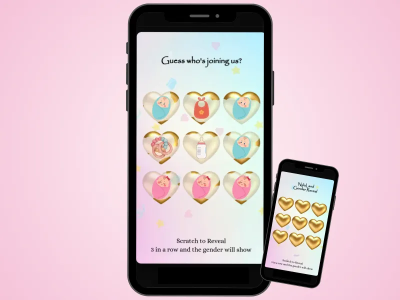 Personalized gender reveal tic-tac-toe scratch game on two phones over a soft pink background, three pink baby girls in a row revealed