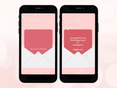 Personalised love letter scratch card on two phones, pink envelope foil before and after scratching to reveal a thinking of you note