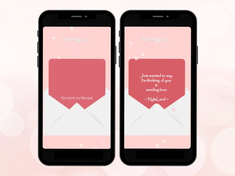 Personalised love letter scratch card on two phones, pink envelope foil before and after scratching to reveal a thinking of you note