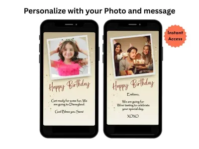 Soft gold photo birthday scratch card with a custom picture shown on a phone