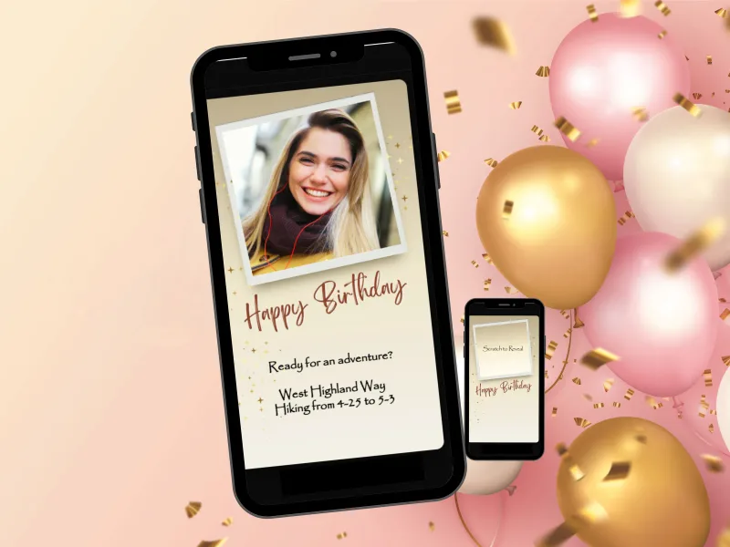 Photo birthday surprise scratch card on a phone: your photo above Happy Birthday and a hiking trip surprise, with a smaller phone among pink and gold balloons