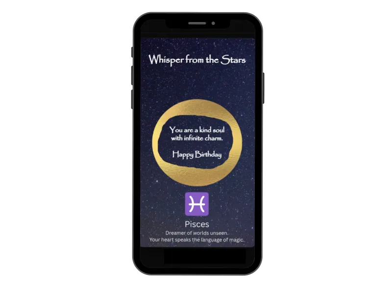 Pisces zodiac scratch card on a phone, starry night card with a gold ring scratched to reveal a birthday message and the Pisces sign