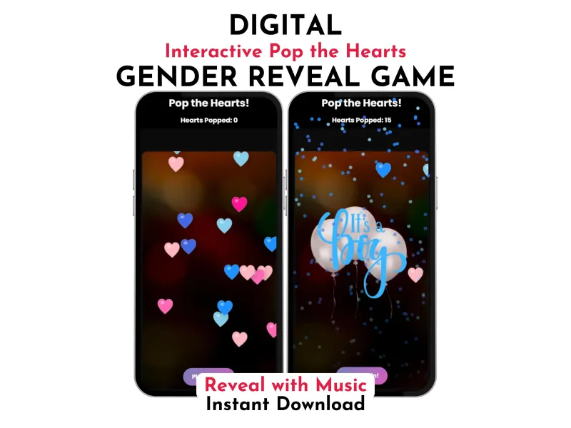 Pop the Hearts gender reveal digital party game showing interactive heart-popping reveal for boy or girl