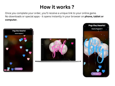 Pop the Hearts Gender Reveal Game, Interactive Baby Shower Reveal, Digital Party Game digital reveal game shown on a phone