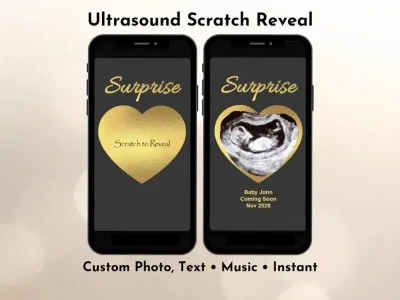 Pregnancy Announcement Scratch Card, Ultrasound Photo Reveal Scratch Card, Digital, Instant Download, Gold Heart Surprise photo reveal digital scratch card shown on a phone