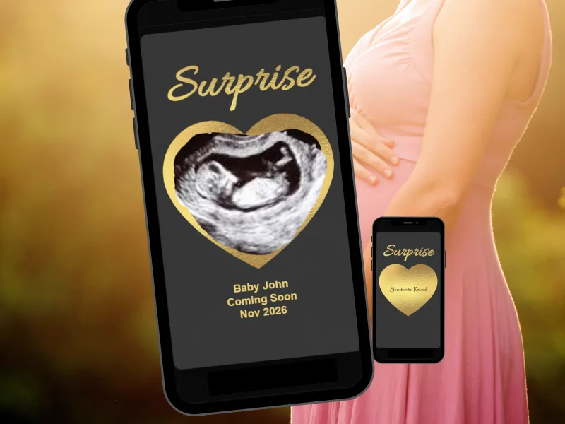 Ultrasound pregnancy announcement scratch card: scan photo revealed inside a gold heart on a phone, with the unscratched gold heart card beside it