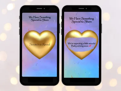Pregnancy announcement scratch-off card on two phones with pastel rainbow screens, gold heart scratched to reveal We are expecting a little miracle