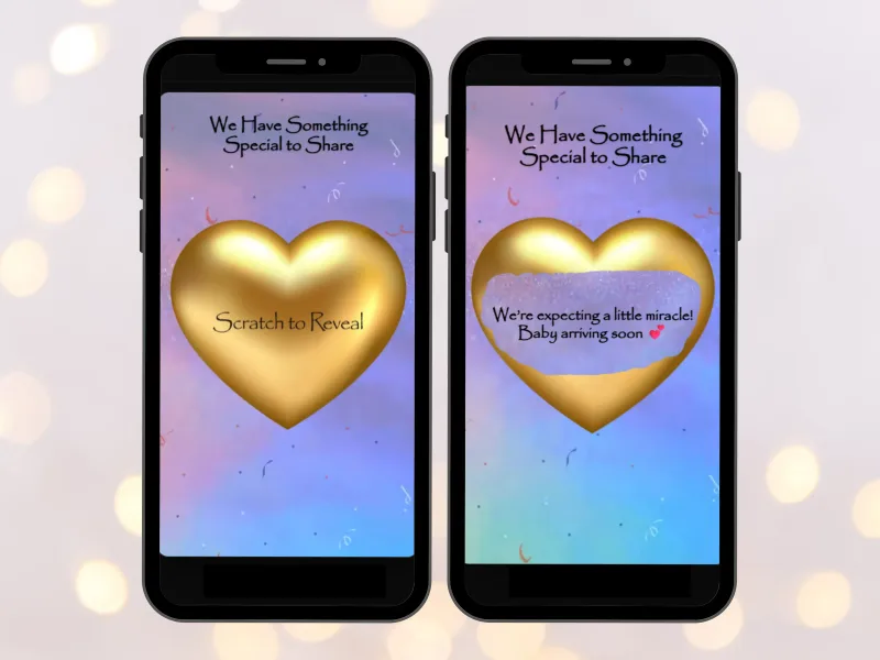 Pregnancy announcement scratch-off card on two phones with pastel rainbow screens, gold heart scratched to reveal We are expecting a little miracle
