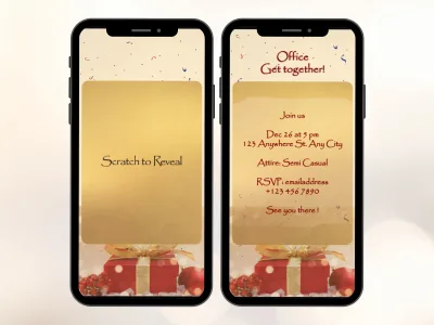 Holiday present reveal scratch card on two phones, gold foil over red gift boxes before and after scratching to reveal an office get-together invite