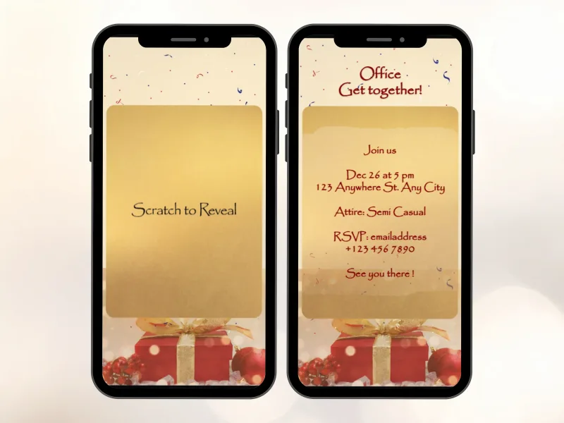 Holiday present reveal scratch card on two phones, gold foil over red gift boxes before and after scratching to reveal an office get-together invite