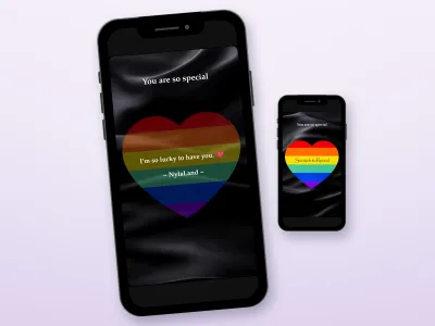Pride rainbow heart scratch card on black satin, shown revealed and unscratched on two phones