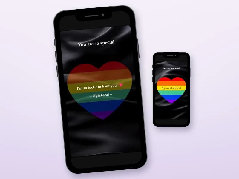 Pride rainbow heart scratch card on black satin, shown revealed and unscratched on two phones
