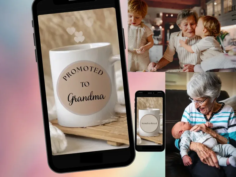 Promoted to Grandma scratch card with a coffee mug and a circle to scratch, shown on phones with grandparent photos