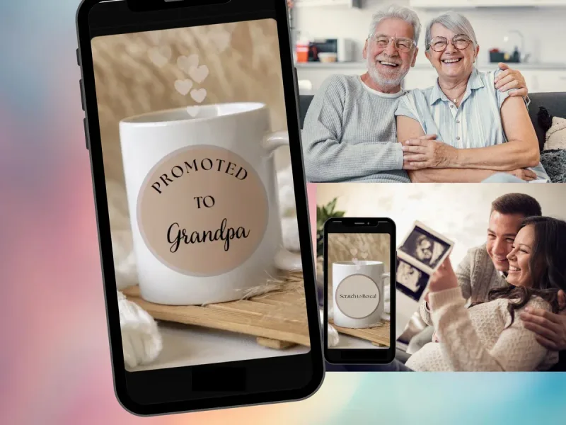 Promoted to Grandpa scratch card with a coffee mug and a circle to scratch, shown on phones with grandparent photos