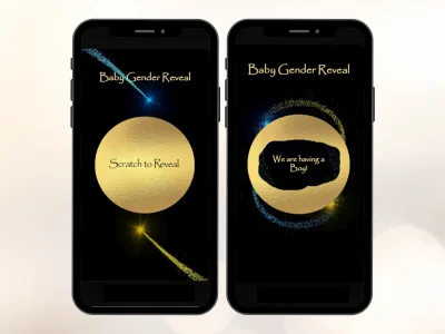 Radiant gender reveal scratch card on two phones, gold circle foil with blue and gold glitter before and after scratching to reveal a baby boy