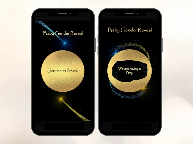Radiant gender reveal scratch card on two phones, gold circle foil with blue and gold glitter before and after scratching to reveal a baby boy