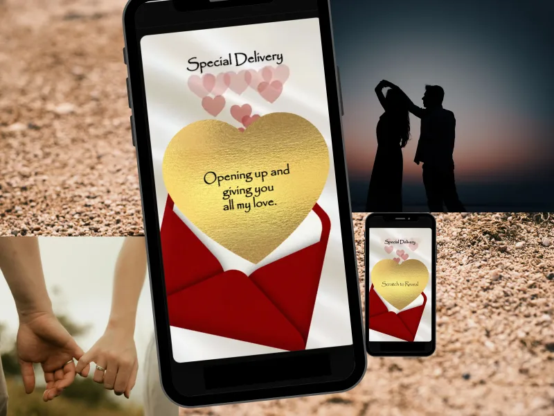 Romantic love letter scratch card on a phone: gold heart above a red envelope revealing a love note, beside couple photos