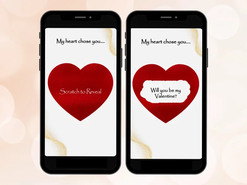Romantic red heart scratch card on two phones, red heart foil before and after scratching to reveal a Valentine question