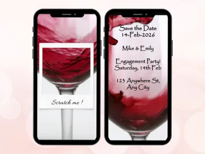 Red wine romantic scratch card on two phones, photo frame foil before and after scratching to reveal a save the date engagement party message