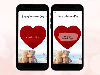 Romantic teddy bear scratch card on two phones, red heart foil before and after scratching to reveal a Valentine love message