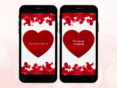 Rose petal love scratch card on two phones, red heart among scattered rose petals scratched to reveal You are my everything