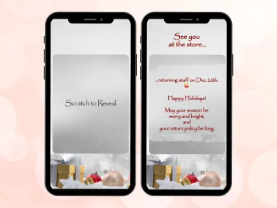 Rustic holiday digital scratch card on two phones, silver panel above gift boxes scratched to reveal a Happy Holidays message