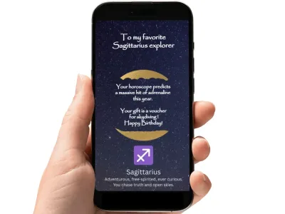 Sagittarius zodiac birthday scratch card with a starry night sky and a glowing gold circle