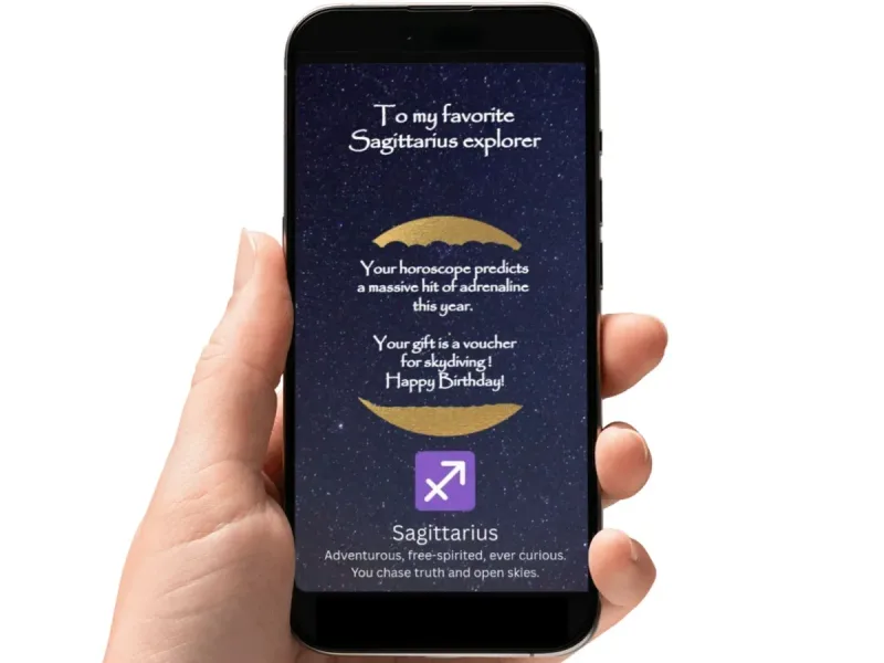 Sagittarius zodiac birthday scratch card with a starry night sky and a glowing gold circle