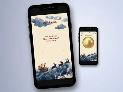Santa's Nice List digital scratch card on a phone, Santa and reindeer flying over a snowy village with a gold foil bauble