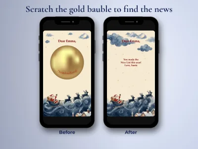 Santa's Nice List card before and after scratching the gold bauble