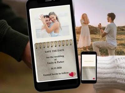 Photo save the date scratch card on a phone: couple photo above a revealed wedding date card, beside a proposal photo