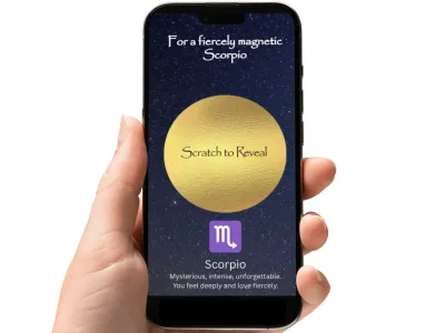 Scorpio zodiac birthday scratch card with a starry night sky and a glowing gold circle