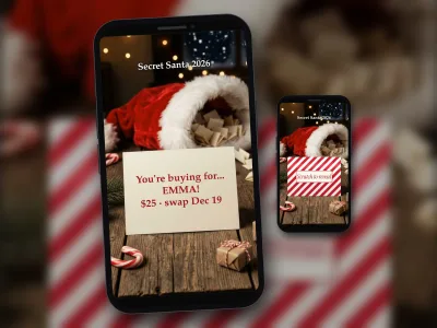 Secret Santa name reveal digital scratch card on a phone, a Santa hat full of names and a candy-stripe scratch card