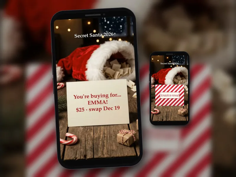 Secret Santa name reveal digital scratch card on a phone, a Santa hat full of names and a candy-stripe scratch card
