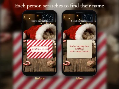 Secret Santa card before and after scratching the candy-stripe card