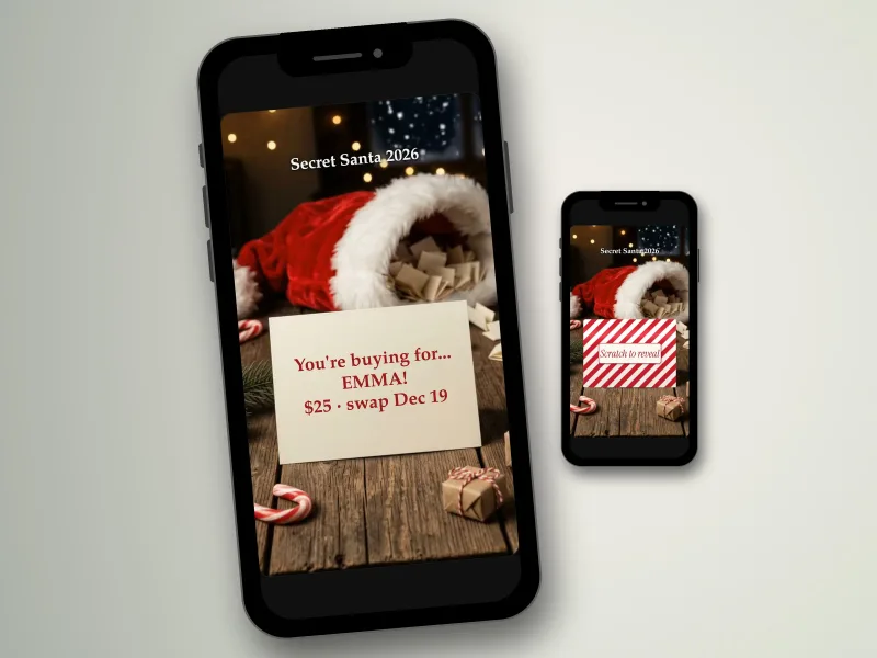Secret Santa name reveal digital scratch card on a phone, a Santa hat full of names and a candy-stripe scratch card