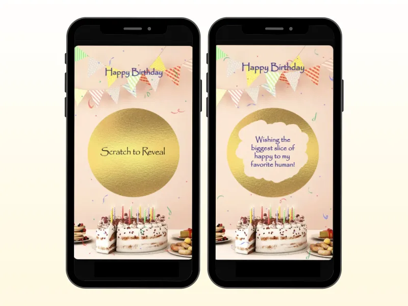 Special wish birthday digital scratch card on two phones: a gold scratch circle with party bunting and birthday cakes, and the revealed Happy Birthday wish