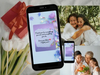 Spring flowers digital scratch card for mum on a phone: purple blooms around the revealed thank you, I love you Mum message, beside photos of mothers and daughters and a red gift box