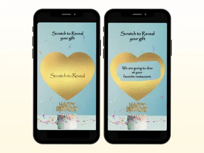 Sweet heart birthday digital scratch card on two phones: a gold heart to scratch above a sprinkle cake, and the revealed dinner surprise message