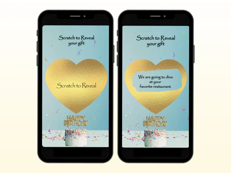 Sweet heart birthday digital scratch card on two phones: a gold heart to scratch above a sprinkle cake, and the revealed dinner surprise message