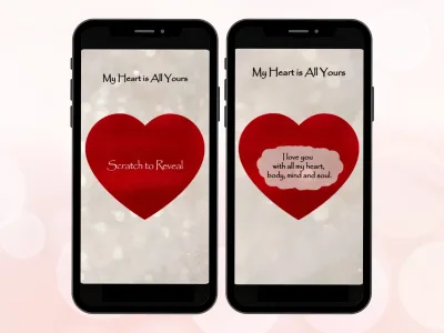 Sweet romantic scratch card on two phones, red heart foil before and after scratching to reveal an I love you message