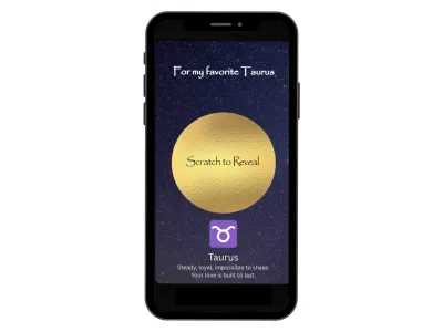 Taurus zodiac scratch card on a phone, starry night card with a gold Scratch to Reveal foil above the Taurus sign