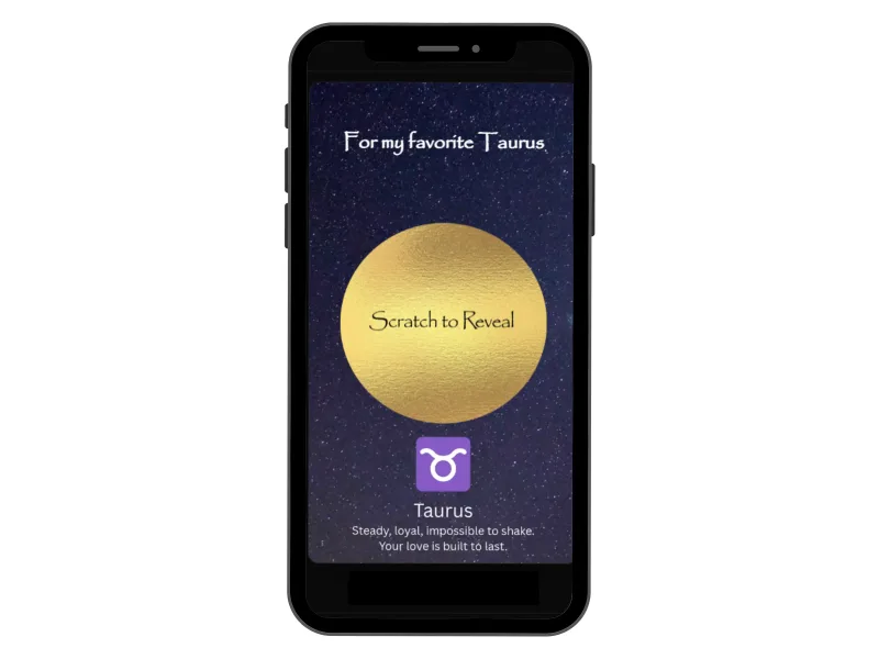 Taurus zodiac scratch card on a phone, starry night card with a gold Scratch to Reveal foil above the Taurus sign