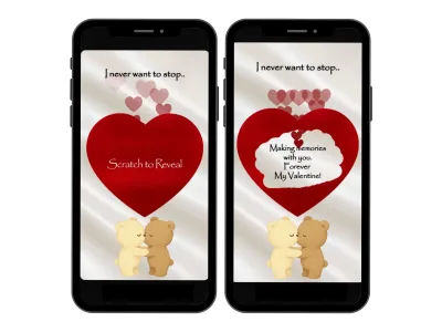 Teddy bear love scratch card on two phones, red heart above two kissing teddy bears scratched to reveal a Valentine love note